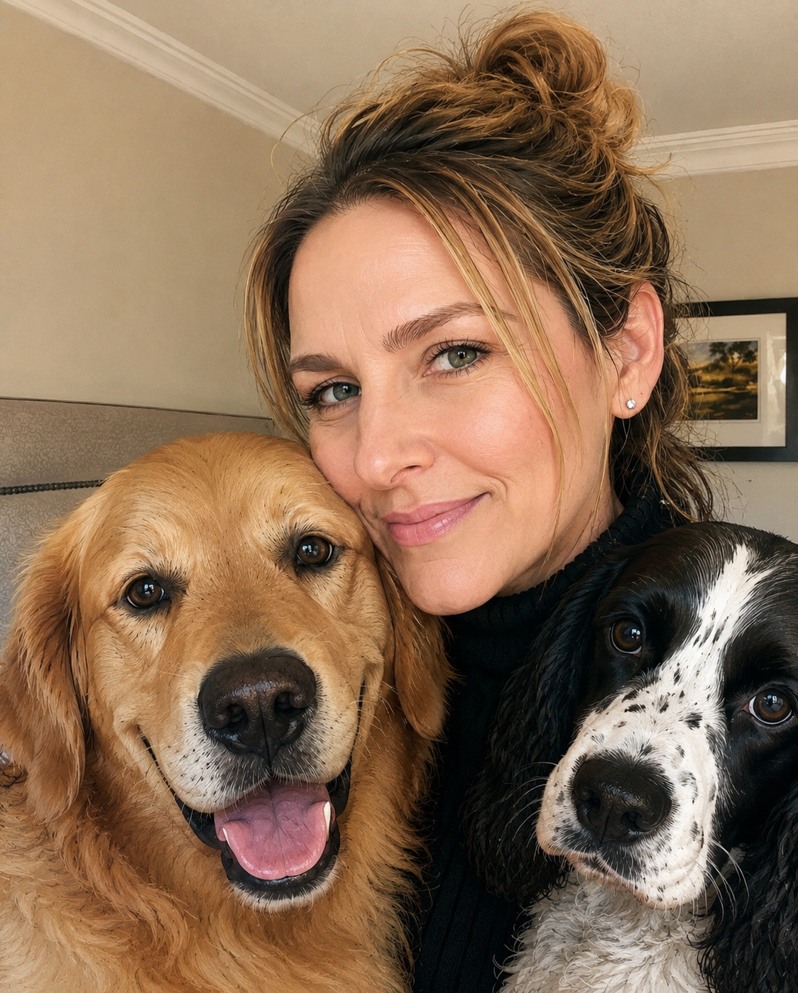 The owner of Barking Beauties with her own dogs