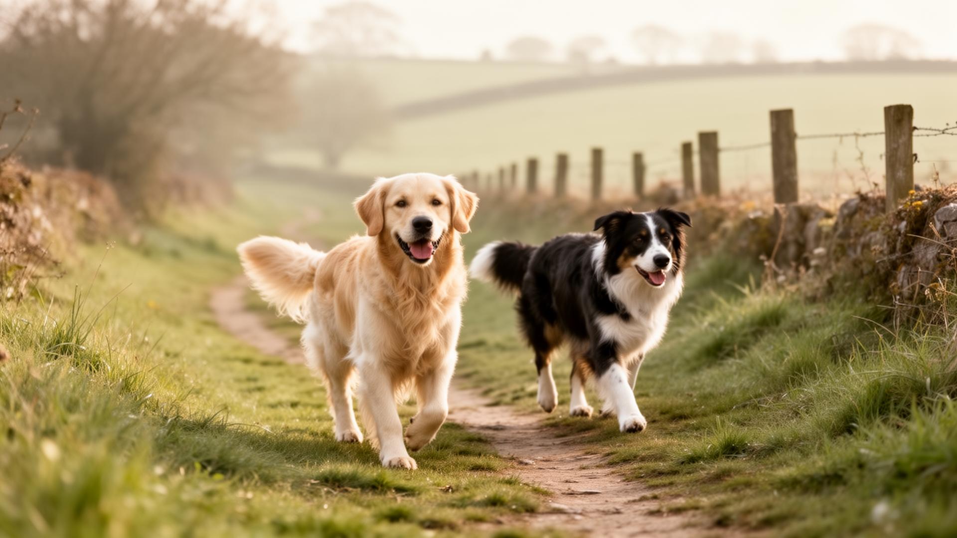 Two happy dogs walking in the Wigan countryside